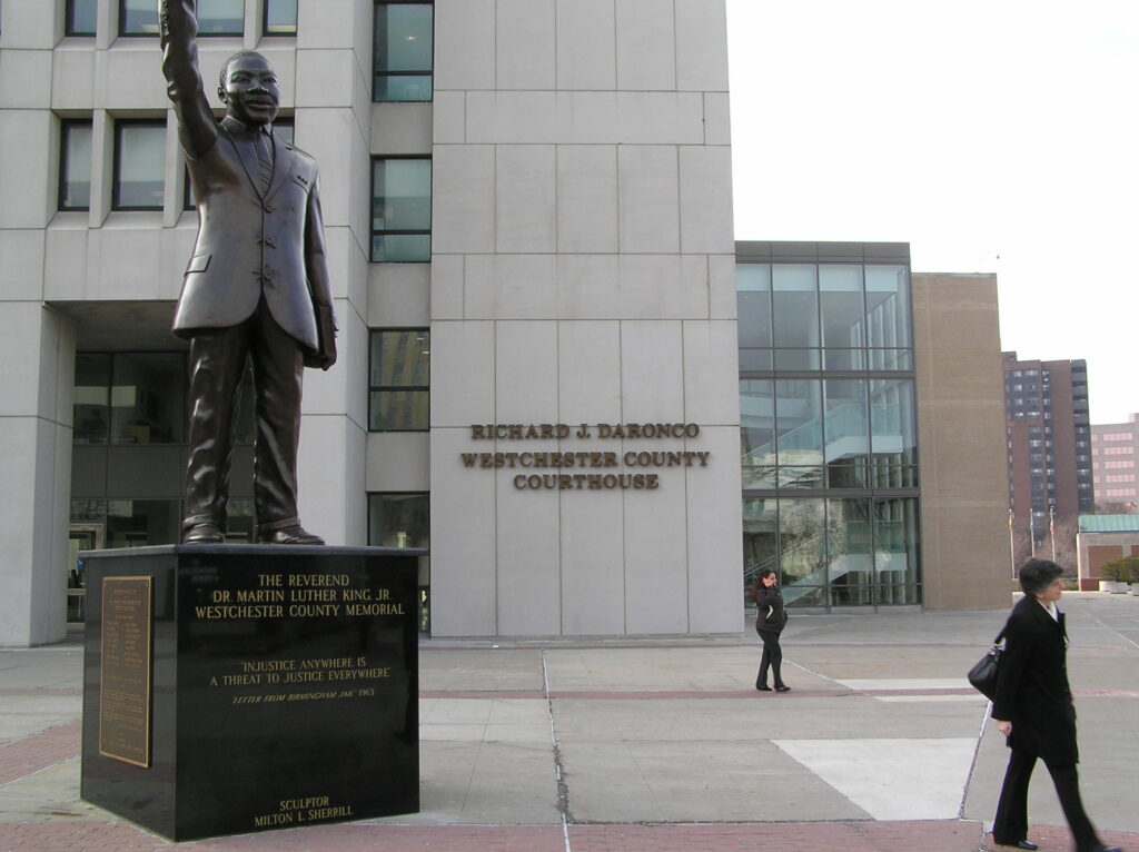 The Westchester County Courthouse with a statue of Martin Luther King Jr.